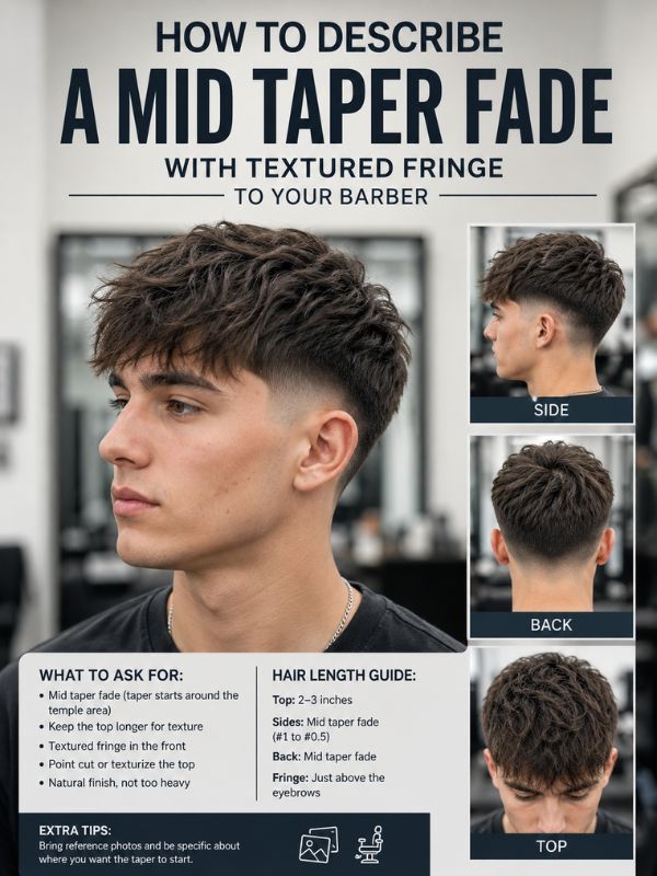 How to Describe a Mid Taper Fade with Textured Fringe to Your Barber