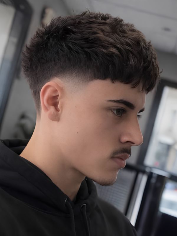 Mid taper fade with textured fringe short