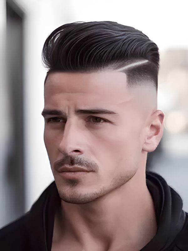 Burst Fade Pompadour with Hard Part